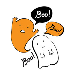 Flying ghost spirit holding says Boo. Happy Halloween. Scary white ghosts. Cute cartoon spooky character. Smiling face, hands. Doodle.