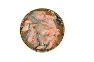 Top view of open tin can of canned salmon