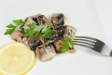 Canned fish in its own juice on dish with fork