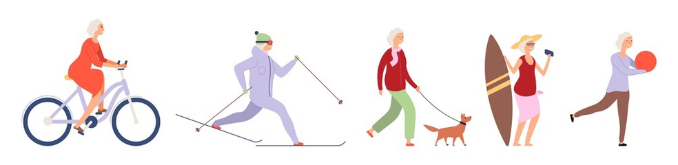 Elderly woman. Active flat happy elderly woman character. Vector female set. Illustration activity lifestyle, retirement life, relax pensioner, grandma healthy