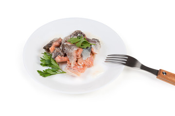 Canned salmon in its own juice on dish with fork