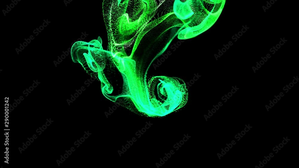 Aufkleber 3d render green luminous particles in a fluid stream in slow motion. the effect is similar to ink in