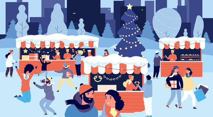 Christmas market. Smiling people with gift boxes on xmas fair. Shopping crowd buys goods on city street. Winter holiday vector concept. Street traditional festival fair to holiday xmas illustration