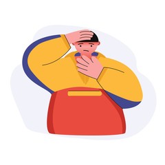 A young man touching a sick head and throat with his hands. Red throat and fever