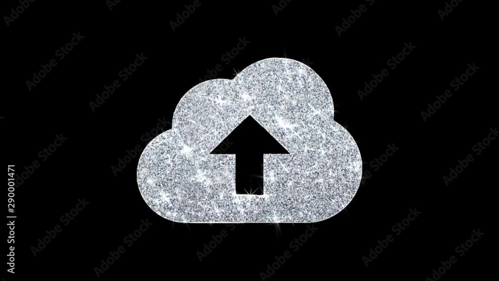 Poster cloud upload, cloud data, online storage icon sparkling shining white blinking particles diamond gli