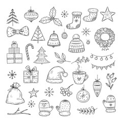 Winter holiday doodle set. Sketch christmas gift boxes, santa hats, and fir-trees, xmas garland. Vector isolated collection xmas holiday doodle, gift christmas illustration