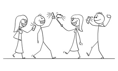 Vector cartoon stick figure drawing conceptual illustration of crowd or group of people walking with mobile phones and taking selfie.