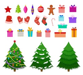 Christmas flat elements. Santa hat, gift boxes and xmas socks. Christmas trees with toys and gingerbread isolated flat vector set. Christmas gift and hat, xmas tree illustration