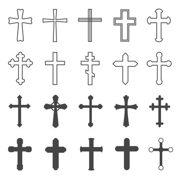Christian crosses. Decorative crucifix religion catholic symbol, orthodox faith church cross design, isolated flat vector set. Crucifix catholic, orthodox and christian cross illustration
