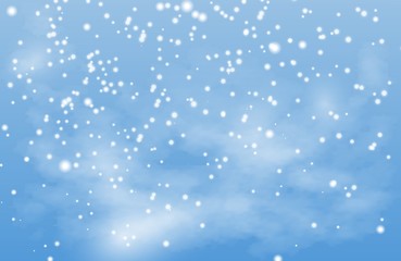 Christmas background. Winter snow landscape vector illustration. Falling snow, blue sky, fog. Snowflake xmas, snowfall sky, weather fog and snowy illustration