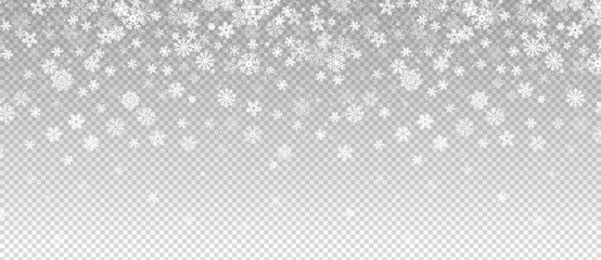 Winter snowfall. Falling snow, flakes banner. Vector Christmas snowfall border isolated on transparent background. Snow winter, christmas snowfall, transparency snowy illustration