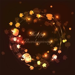Glowing pumpkins and leaves in a frame on a dark background for Thanksgiving. Vector background