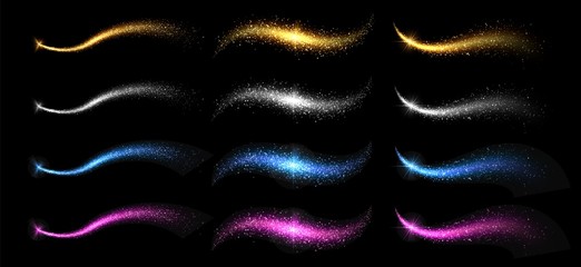 Sparkle stardust. Golden silver glittering magic vector waves. Shining elements isolated on black background. Illustration sparkle and glow wave, shine magic dust © MicroOne