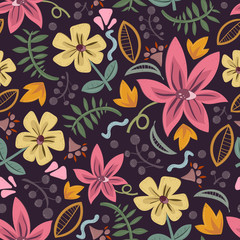 Cute colorful floral pattern with cartoon flowers, twigs, decorative elements. vector. plants theme. hand drawing. Design for fabric, print, textile, wrapping paper.