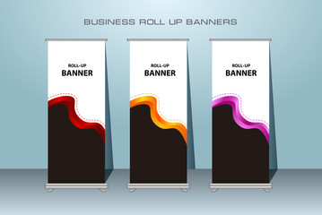Creative roll up banner stand template design. Vertical banner template.  Universal standing banner for conference, promotion banner vector background.  Modern publication x-banner and flag-banner.