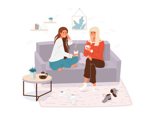 Two young women spending time together. Girls cosy sitting on the couch, talking and holding cup tea, coffee. Home or cafe style modern vector illustration