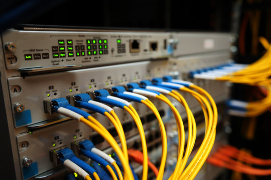 Fibre cables pluged in to a network switch