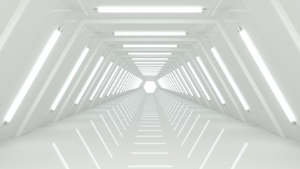 Abstract modern minimalist empty white corridor tunnel, illuminated with white glow lights. Empty space for text, interior design or science fiction background 3D rendering.