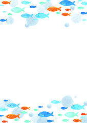 School of fish watercolor hand painting border with copy space for decoration on summer events.