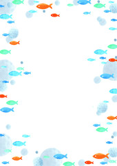 School of fish watarcolor hand painting border with copy space for decoration on summer events.