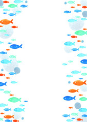 School of fish watarcolor hand painting border with copy space for decoration on summer events.
