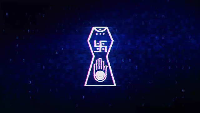 Jain hand. Ahimsa Indian, jainisms, hindu religious Symbol Abstract Digital Pixel Noise Glitch Error Video Damage Signal Loop 4K Animation.