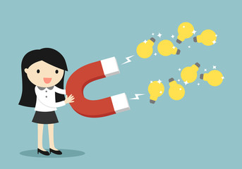 Business concept, Business woman attracting light bulbs with a large magnet. Vector illustration.