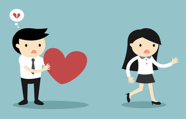 Business concept, Businessman is giving a heart to business woman but she is running away. Vector illustration.