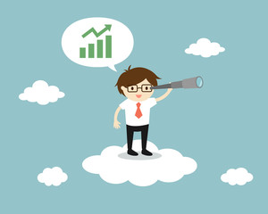 Businessman standing on the cloud with a telescope and looking for opportunity. Vector illustration.