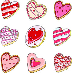 Vector set with  prettyheart shape  appetizing cookies. Lovely pink. Nice , isolated on white elements for holiday food design: birthday, saint valentine, 