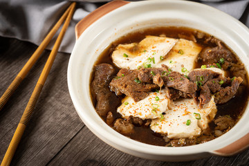 Spicy beef and tofu Japanese suki in the traditional Japanese restaurant