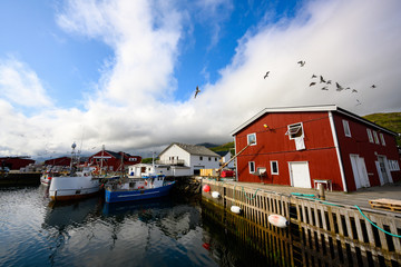 The fishing village and harbor in the beautiful blue sky at Fredvang, Lofoten island, Norway.
