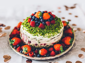Birthday cake with fresh fruits. Healthy homemade dessert