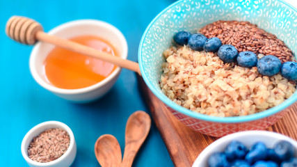 buckwheat porridge with fruits, the concept of a healthy breakfast, diet, veganism, vitamins