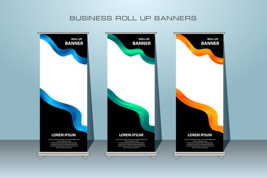 Creative roll up banner stand template design. Vertical banner template.  Universal standing banner for conference, promotion banner vector background.  Modern publication x-banner and flag-banner.