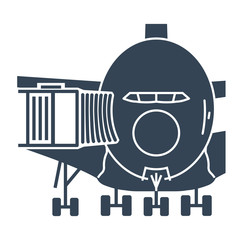 black icon passenger jet, aero bridge, airplane docked