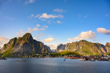 View point of the village Reine in the daytime during the hot season Is a popular place in the Norwegian Lofoten Islands