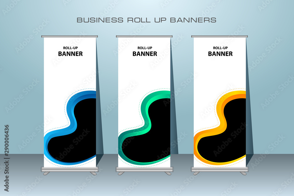 Wall mural Creative roll up banner stand template design. Vertical banner template.  Universal standing banner for conference, promotion banner vector background.  Modern publication x-banner and flag-banner.