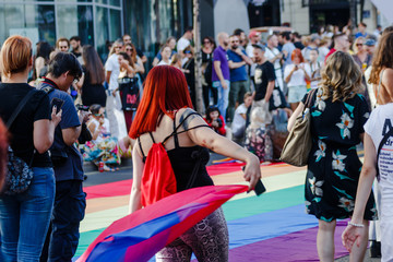 Big rainbow flag on the street at the Belgrade pride parade 2019