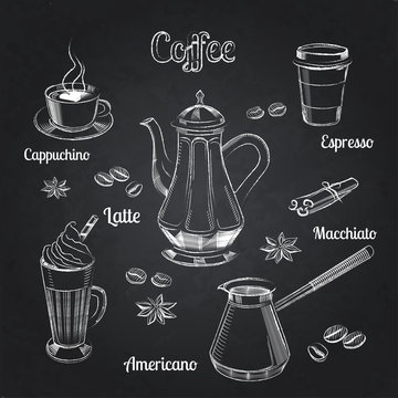 Coffee illustration on a chalkboard hand drawn collection. Vector sketch illustration set with cezve, Kettle, Cups, Latte, Cinnamon, Star Anise, Coffee Beans design. Hand drawn vector banner. 