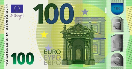 The front side of the stylistic banknote of 100 euros issued on May 28, 2019 with the signature Draghi - obrazy, fototapety, plakaty