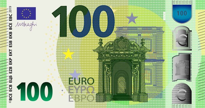 The front side of the stylistic banknote of 100 euros issued on May 28, 2019 with the signature Draghi