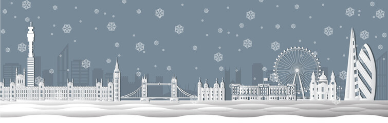 Panorama of world famous landmarks of London, England in paper cut style vector illustration. Winter London city buildings silhouette. English urban landscape. London cityscape with landmarks.