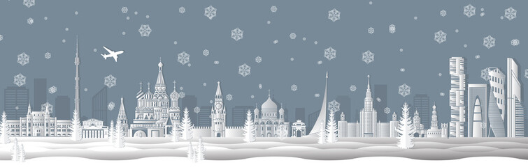 Fototapeta premium Panorama of winter Moscow vector illustration. Moscow architecture. Cartoon Russia symbols and objects. Panorama postcard and travel poster of world famous landmarks of Moscow in paper cut style.