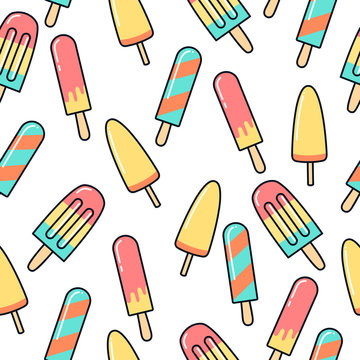 Summer, vector image, flat style, seamless pattern. Seamless texture of ice cream, frozen ice. Image for banners, posters, postcard. Texture for fabric, wallpaper, wrapping paper. Cafe menu design.
