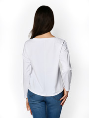 Young beautiful woman posing in new casual office blouse 