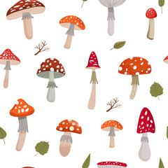 Autumn seamless pattern with various mushrooms of amanita, leaves and branch. Print for fabric, packaging, scrapbooking and wrapping paper. Vector illustration on white background.