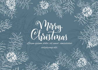 Christmas sketch hand drawn illustration with pine tree branches and cones.Vector eps10 illustration for your design.
