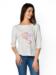 Young beautiful woman posing in new casual office blouse 