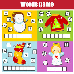 Christmas and New Year theme word game for kids and toddlers. Educational children game.